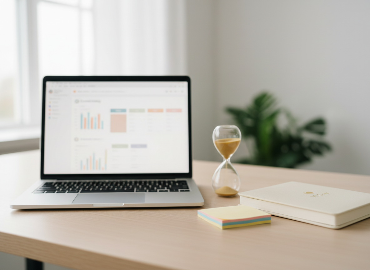 An elegant desktop workspace featuring a sleek silver laptop displaying a softly blurred coaching dashboard interface with graphs and calendar blocks, set on a light wood desk. Next to the laptop, a closed hardcover planner embossed with a small heart icon and “90 Days” in refined lettering rests atop a neatly stacked set of pastel sticky notes. A transparent hourglass with fine golden sand sits nearby, half-emptied, symbolizing a 3‑month program. Soft, diffused daylight enters from a large unseen window, creating a calm, professional glow. Photographic realism, shot from a slightly elevated angle with balanced composition, subtle bokeh in the background, and a focused, optimistic mood that evokes organized, structured romantic consulting.