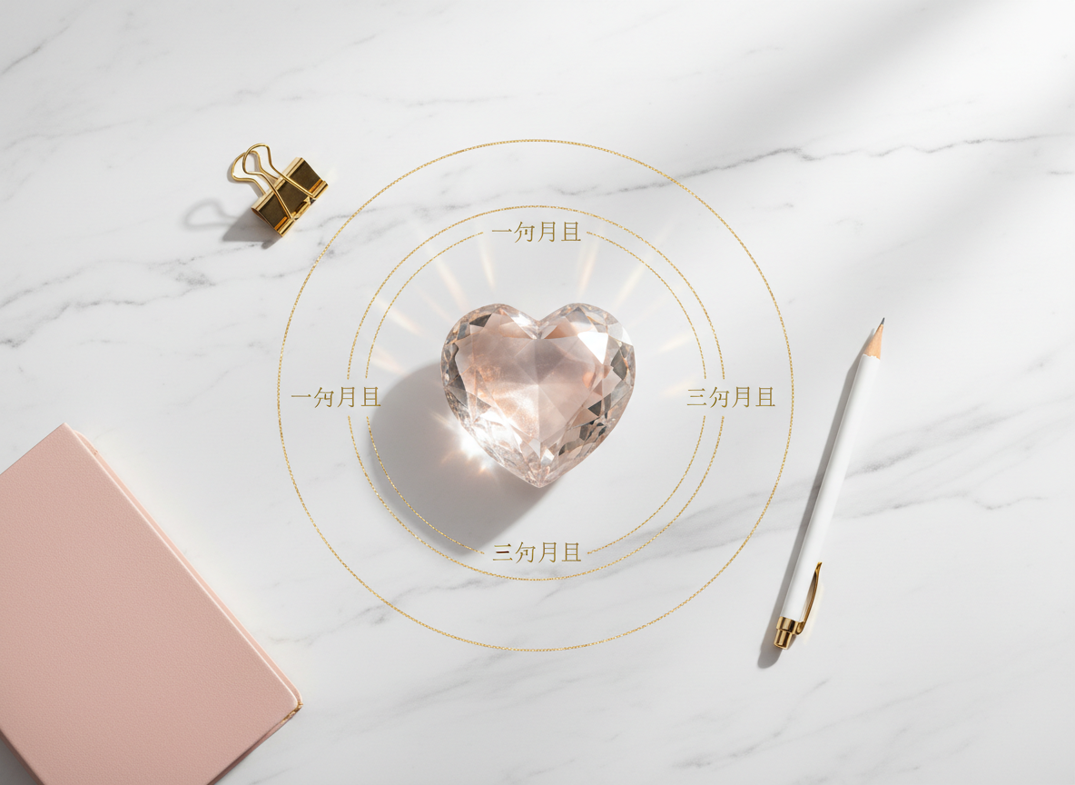 A pristine, heart-shaped crystal made of clear quartz with faint peach and rose reflections, placed at the center of a smooth, pale marble surface. Around it are three concentric circles drawn in delicate gold lines, each labeled in Japanese with small serif text representing stages of growth over three months. Tiny, neatly arranged stationery items—an elegant gold paperclip, a slim white mechanical pencil, and a closed blush-pink notebook—accent the perimeter. Soft studio lighting from above and slightly to the right creates gentle highlights on the crystal facets and subtle shadows that radiate outward. Photographic realism, centered composition with ample negative space, serene and aspirational mood, symbolizing inner transformation and refined romantic consulting in a luxurious, professional style.